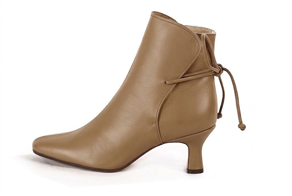 Feminine back lace-up ankle boots featuring romantic corset-style ties, designed for a striking silhouette from day to evening, in camel leather with square toe and mid spool heel - Florence KOOIJMAN